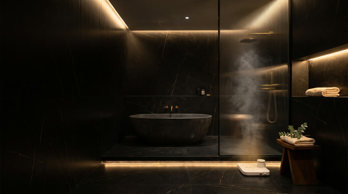 A dark marble spa bathroom with Warmstep by the shower
